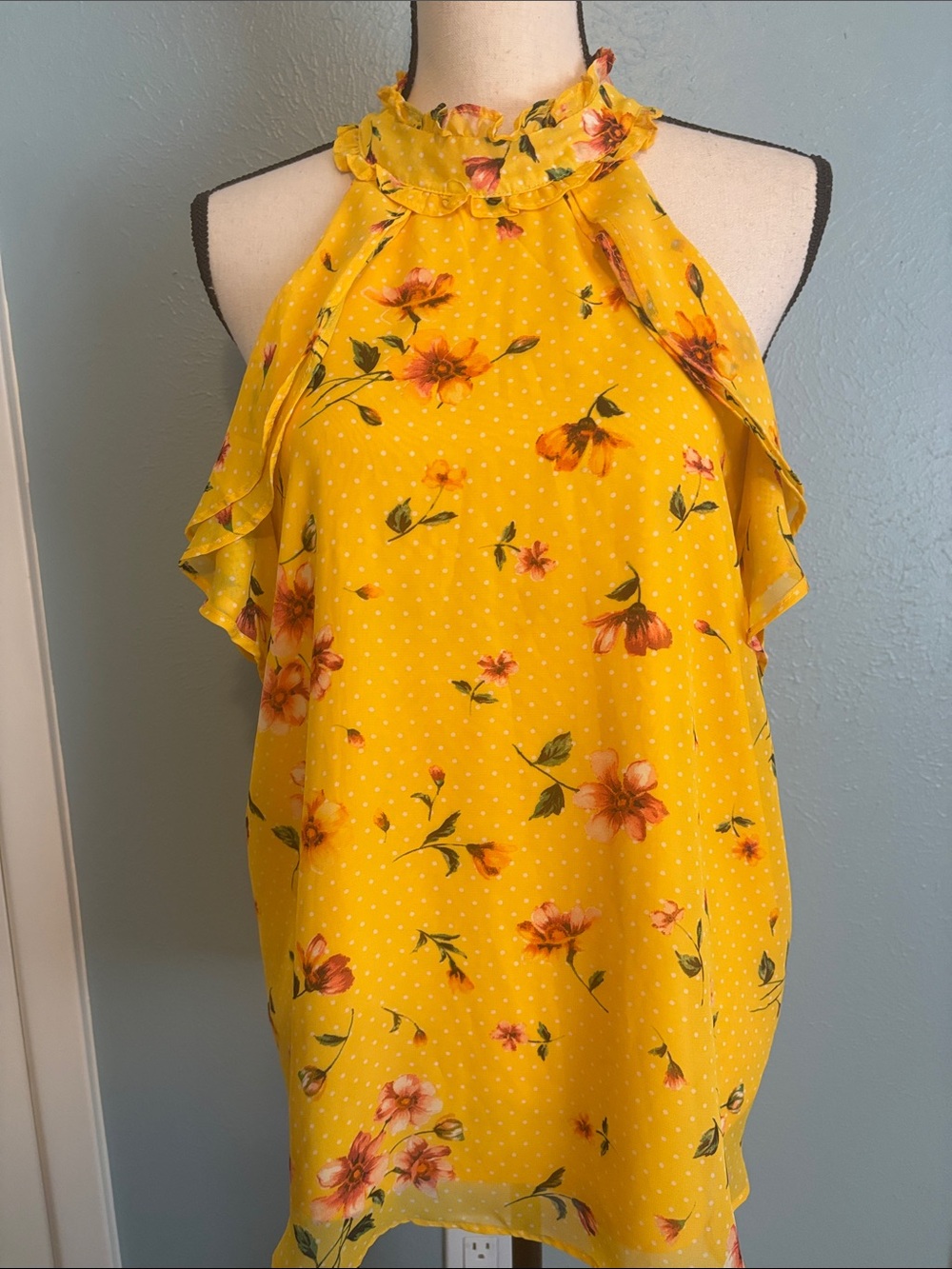 Yellow Floral Halter Ruffle Neck Top